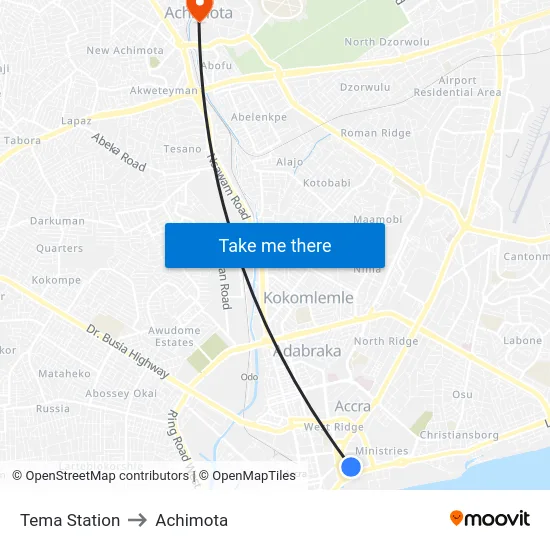 Tema Station to Achimota map