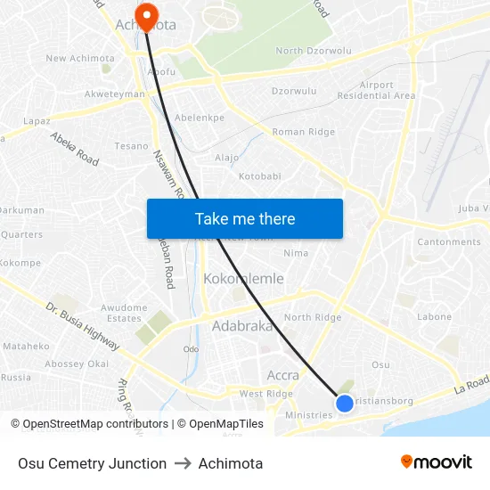 Osu Cemetry Junction to Achimota map