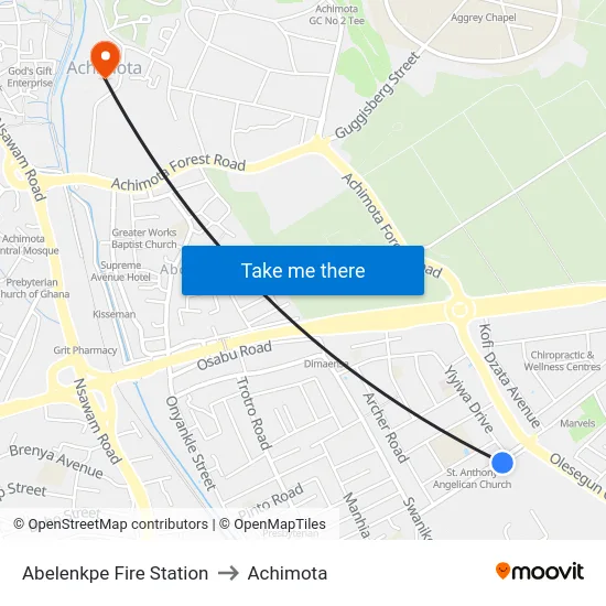 Abelenkpe Fire Station to Achimota map