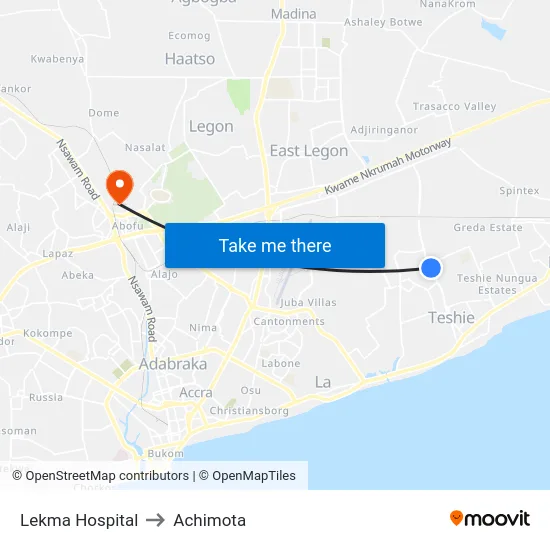 Lekma Hospital to Achimota map
