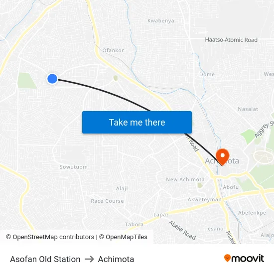 Asofan Old Station to Achimota map