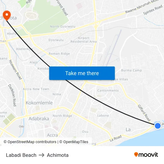 Labadi Beach to Achimota map