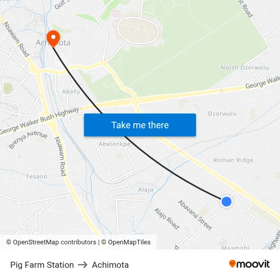 Pig Farm Station to Achimota map
