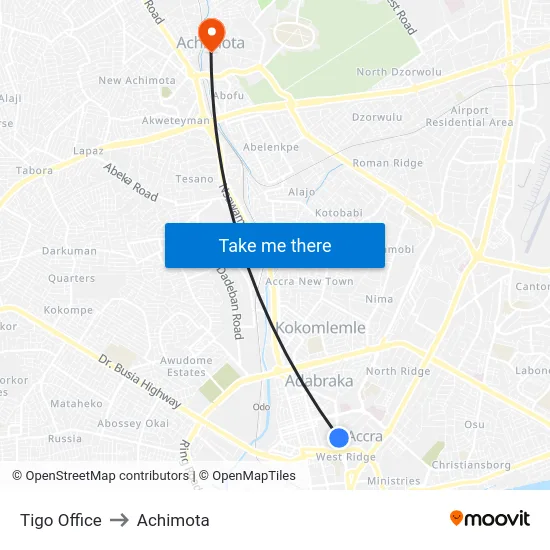 Tigo Office to Achimota map