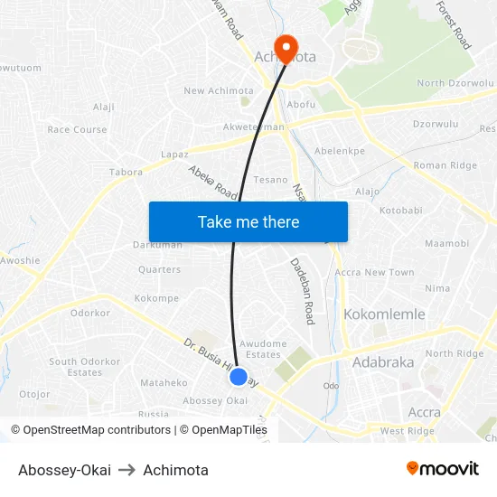 Abossey-Okai to Achimota map