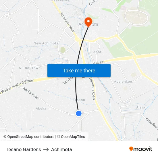 Tesano Gardens to Achimota map