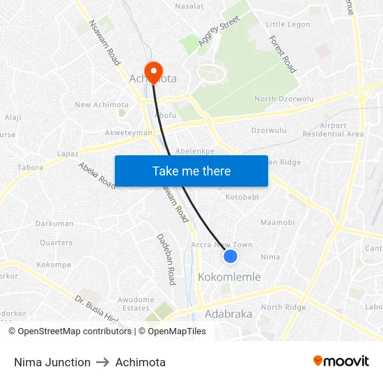 Nima Junction to Achimota map