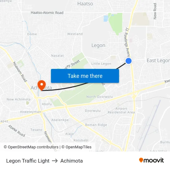 Legon Traffic Light to Achimota map