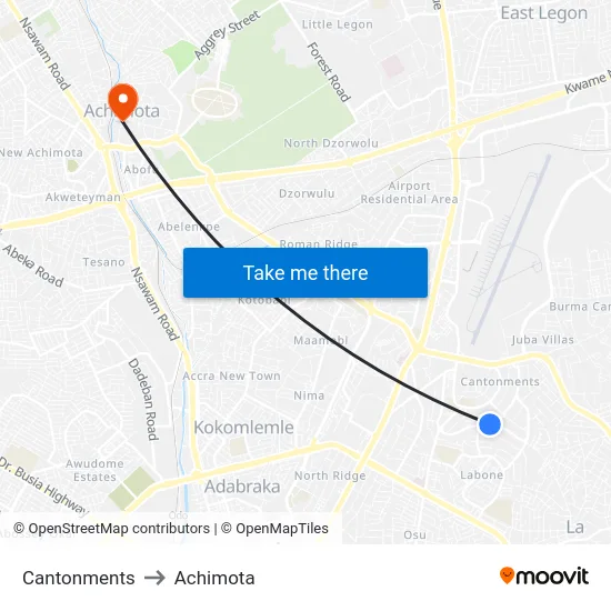 Cantonments to Achimota map