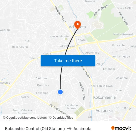 Bubuashie Control (Old Station ) to Achimota map