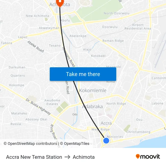 Accra New Tema Station to Achimota map