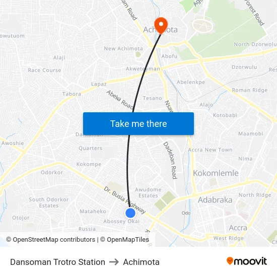 Dansoman Trotro Station to Achimota map