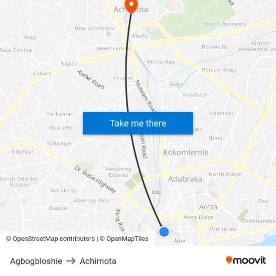 Agbogbloshie to Achimota map
