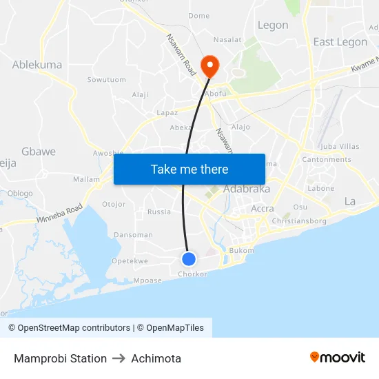 Mamprobi Station to Achimota map