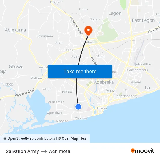 Salvation Army to Achimota map