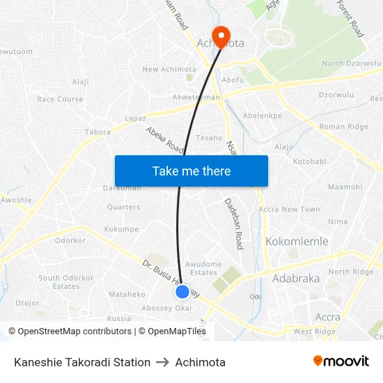 Kaneshie Takoradi Station to Achimota map