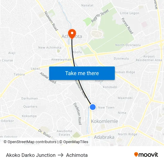 Akoko Darko Junction to Achimota map