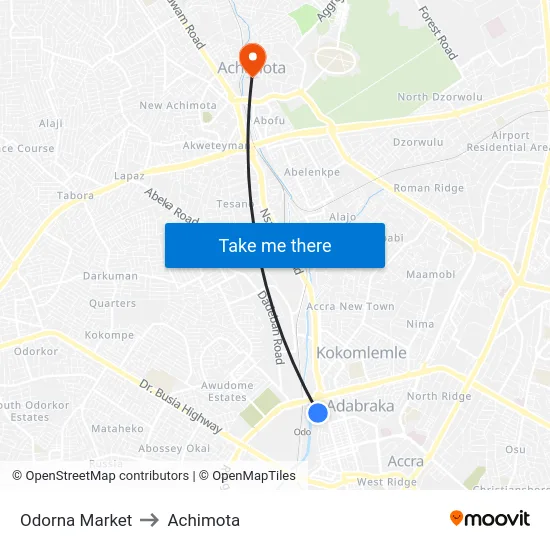Odorna Market to Achimota map