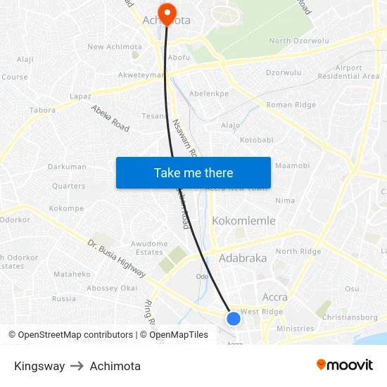 Kingsway to Achimota map