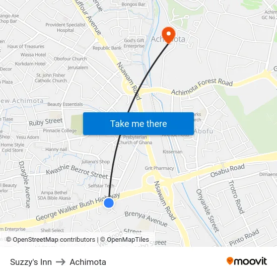 Suzzy's Inn to Achimota map