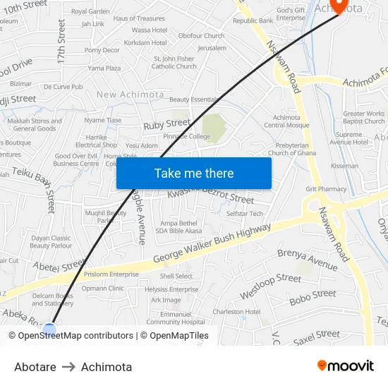 Abotare to Achimota map
