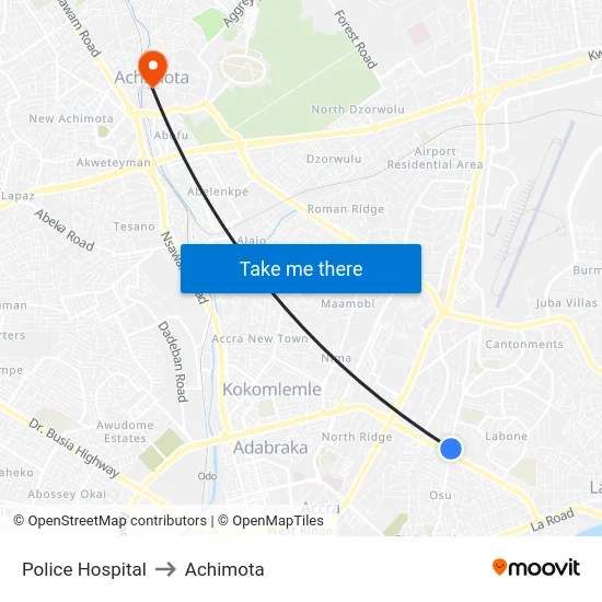 Police Hospital to Achimota map