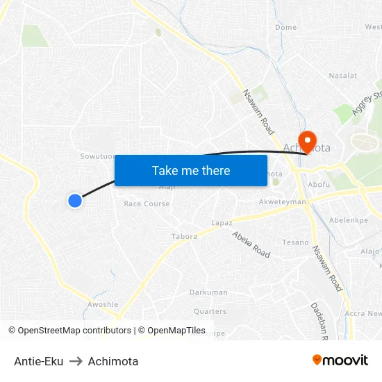 Antie-Eku to Achimota map