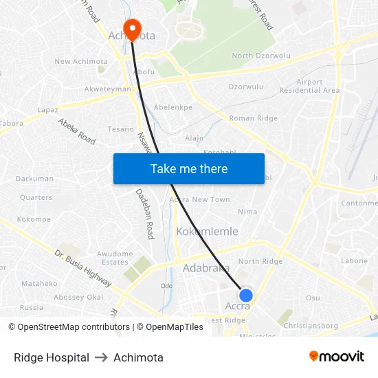 Ridge Hospital to Achimota map