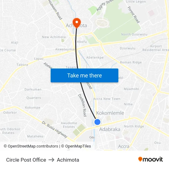 Circle Post Office to Achimota map