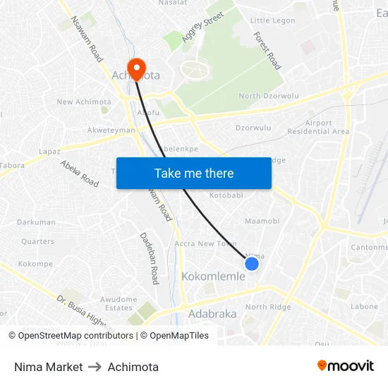 Nima Market to Achimota map
