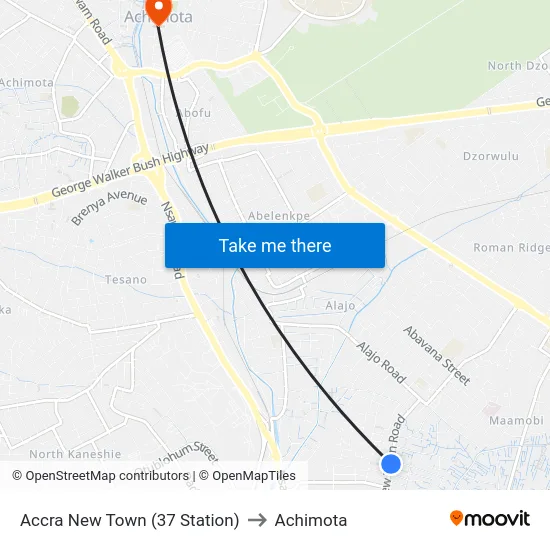 Accra New Town (37 Station) to Achimota map