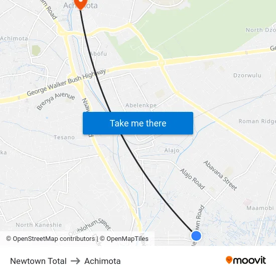 Newtown Total to Achimota map