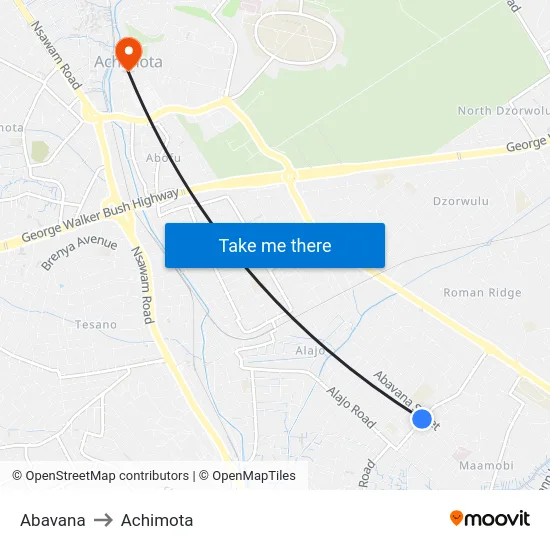 Abavana to Achimota map