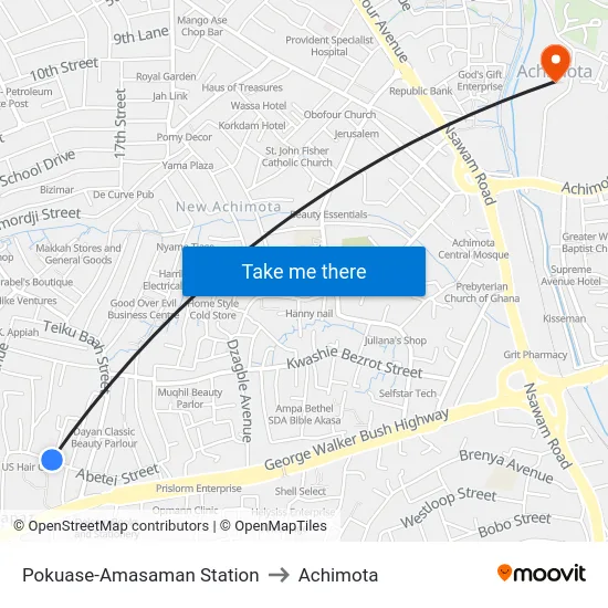 Pokuase-Amasaman Station to Achimota map