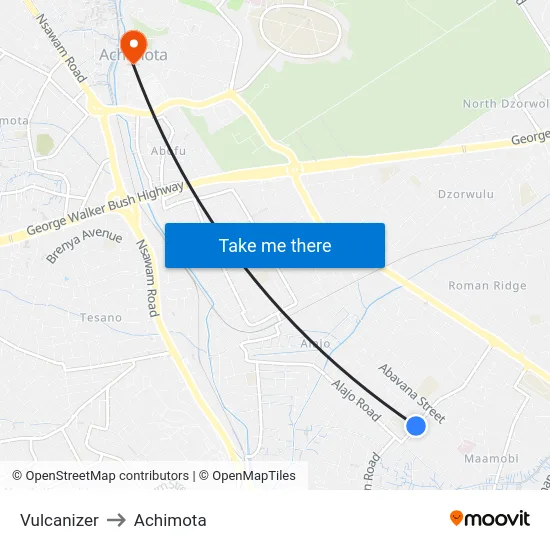 Vulcanizer to Achimota map