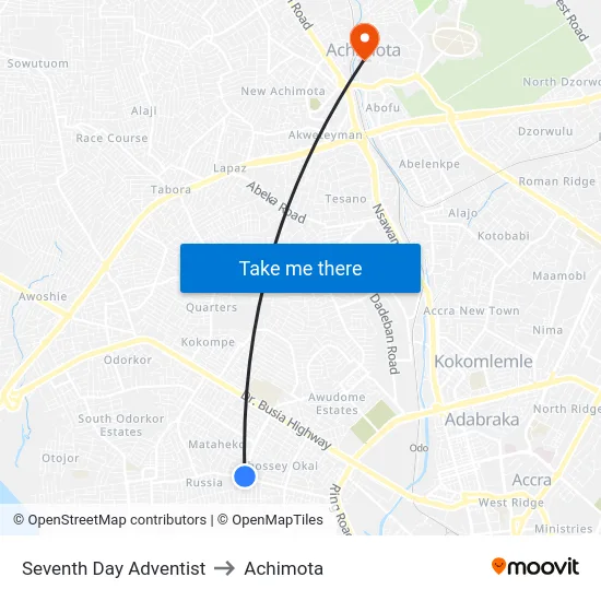 Seventh Day Adventist to Achimota map