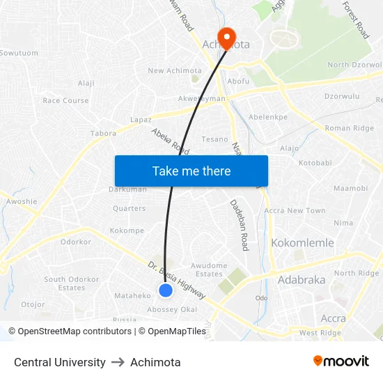 Central University to Achimota map