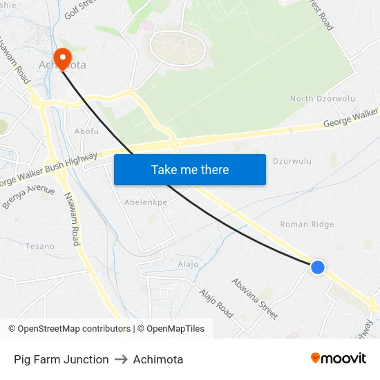 Pig Farm Junction to Achimota map