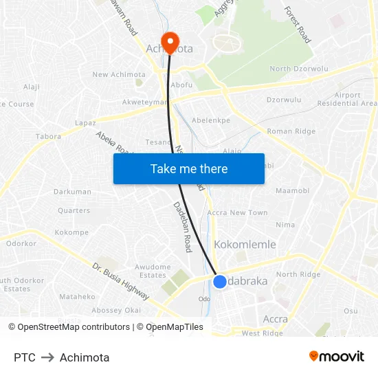 PTC to Achimota map