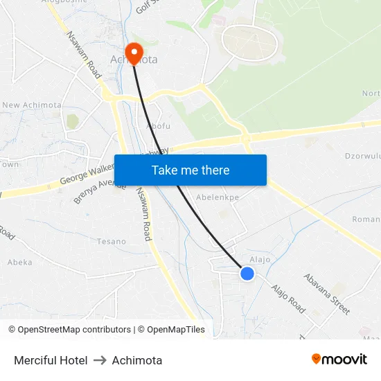 Merciful Hotel to Achimota map