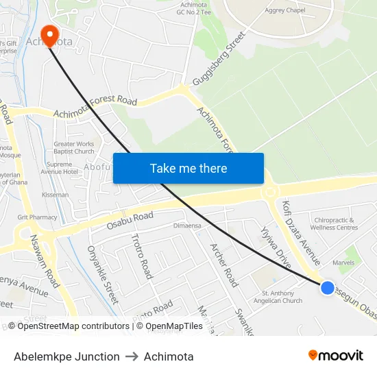 Abelemkpe Junction to Achimota map