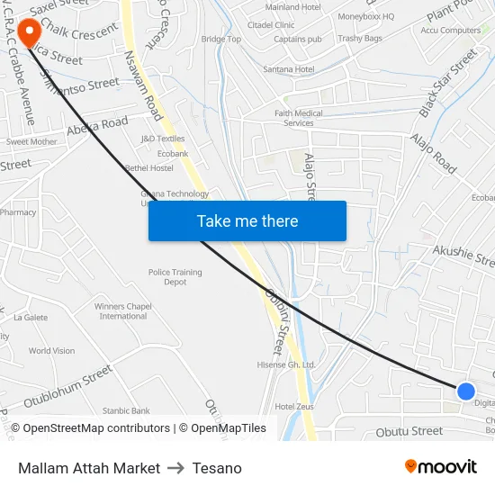 Mallam Attah Market to Tesano map
