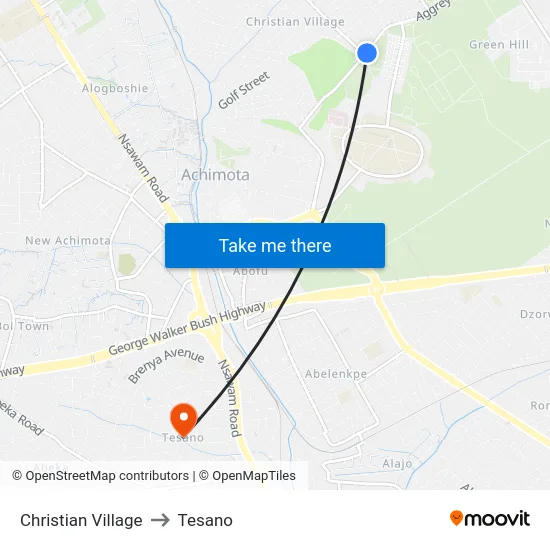 Christian Village to Tesano map