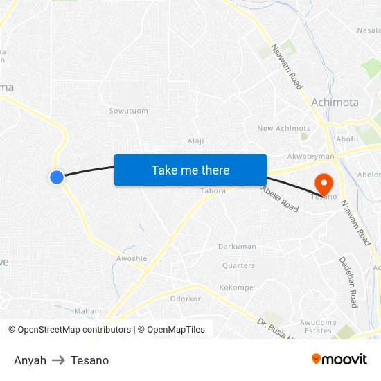 Anyah to Tesano map
