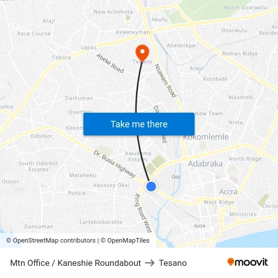 Mtn Office / Kaneshie Roundabout to Tesano map
