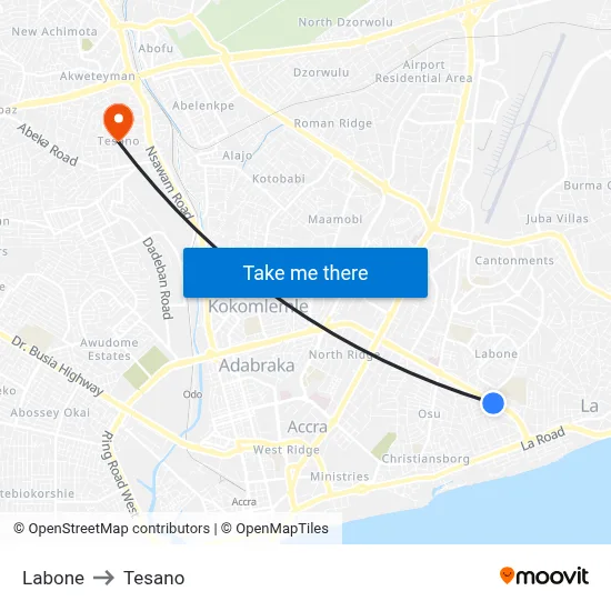 Labone to Tesano map