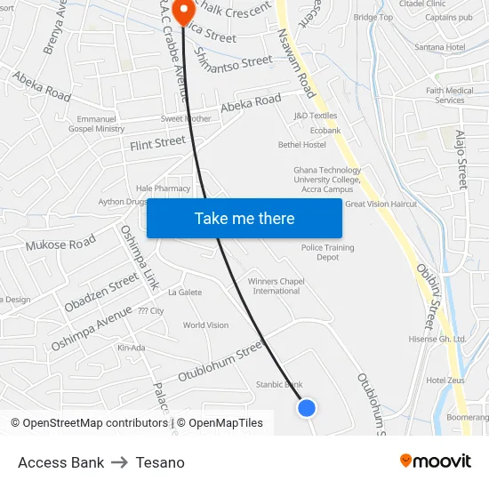 Access Bank to Tesano map