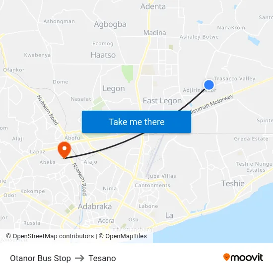 Otanor Bus Stop to Tesano map