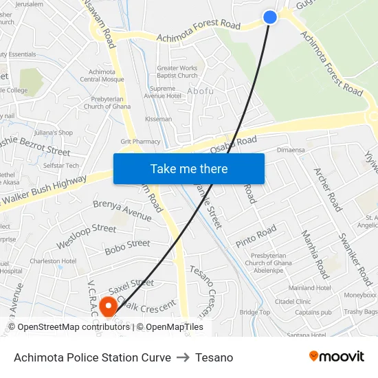 Achimota Police Station Curve to Tesano map