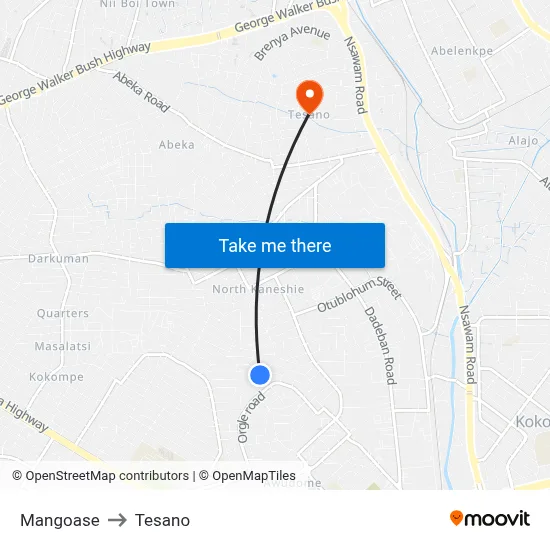 Mangoase to Tesano map